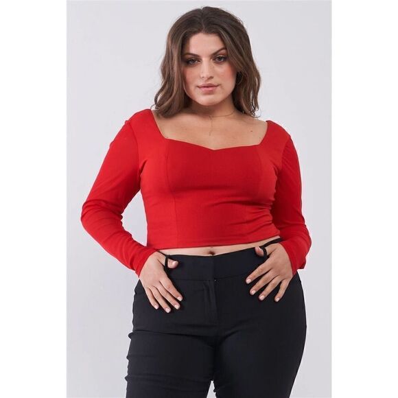 Plus Size Crimson Red Sleeve Sweetheart Crop Top - Picture 1 of 3